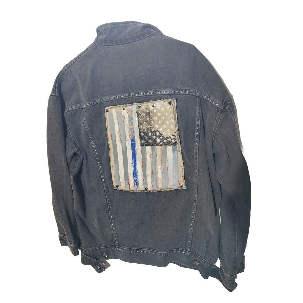 Sears Denim Jacket Fade Black Jean Button Custom Distressed Biker Punk L/XL Flag